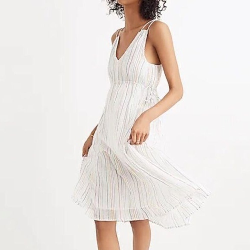 Apiece Apart Dress‎ Womens 2 White Rainbow Metallic Stripe Daphne Tiered Midi